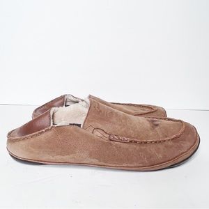 OluKai Kipuka Hulu Tan Leather Sherling Lined Slip On Loafers Shoes Size 12 Mens
